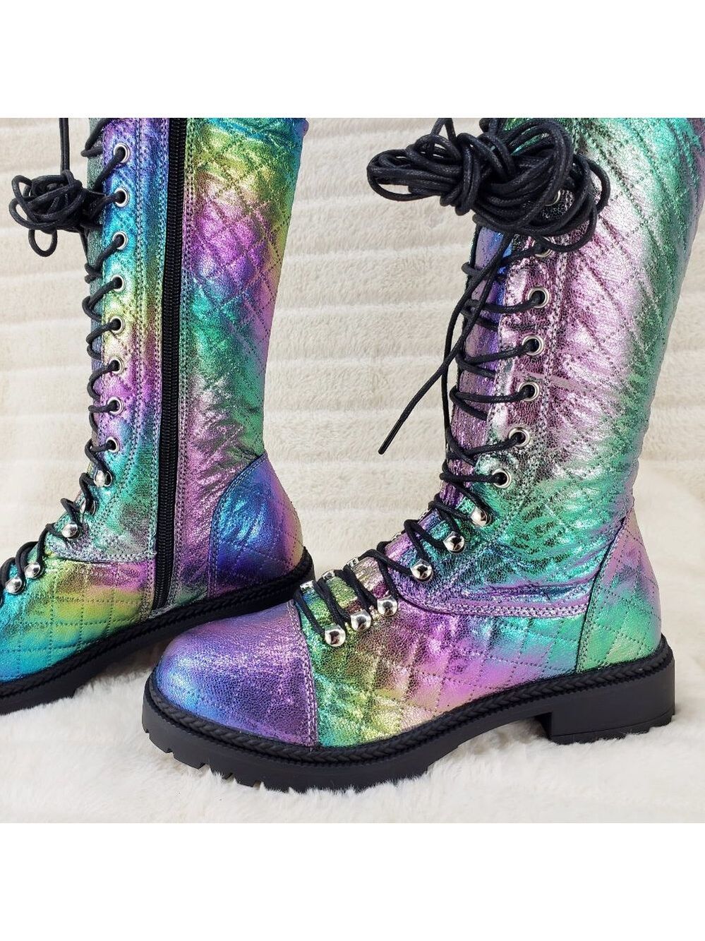 Travis Festive Quilted Metallic Rainbow Corset Lace Over the Knee Boots - Picture 9 of 11